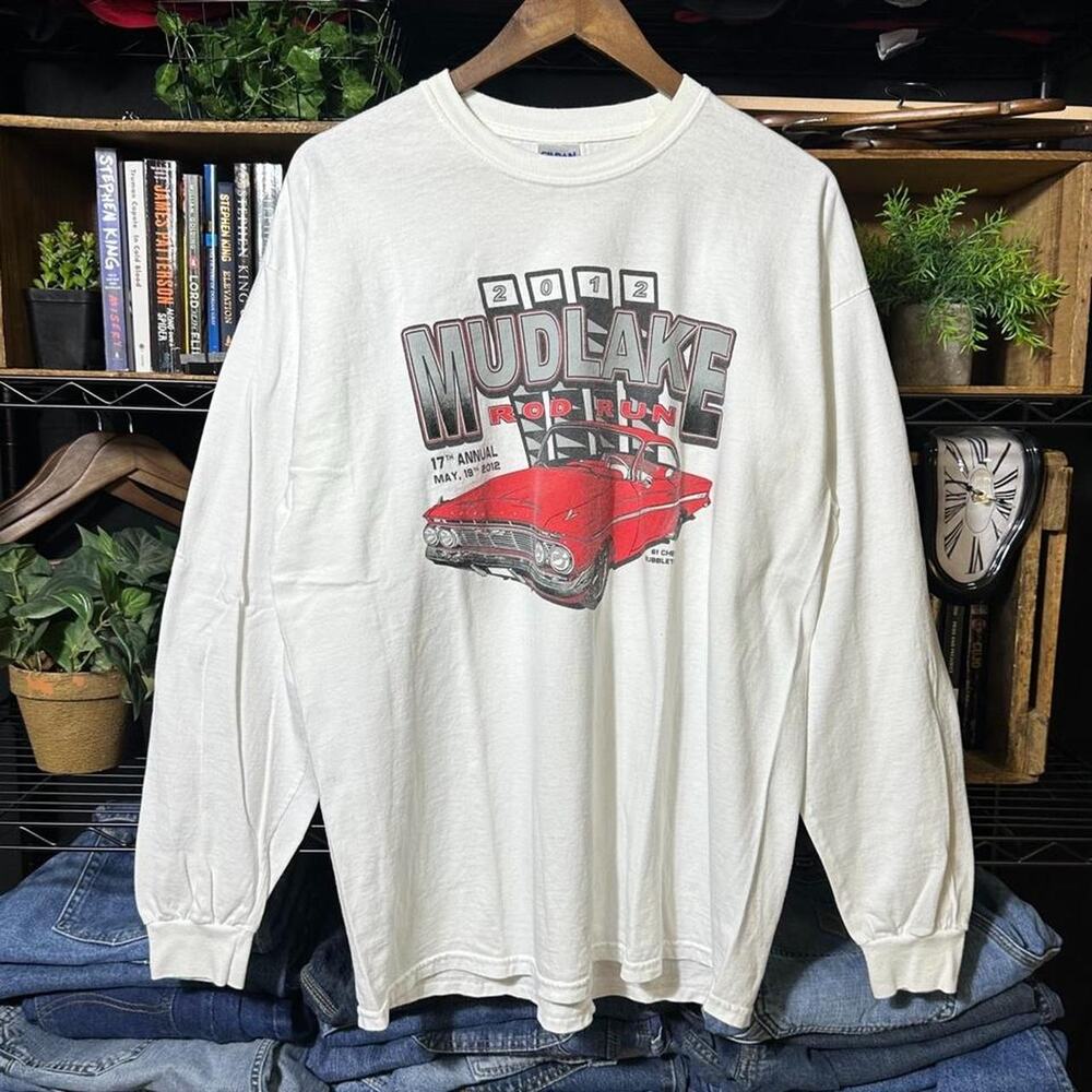 2012 Chevy Racing Car Show Long Sleeve Tee Mens XL White Black Cartoon Shirt